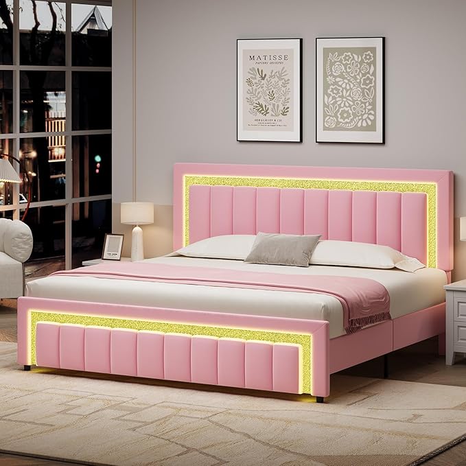 HOMBCK King Size Bed Frame with LED Lights and Velvet Upholstered Headboard, Bed Frame King with Modern Diamond Headboard Adjustable, Wooden Slats Support, Noise Free, No Box Spring Needed, Pink