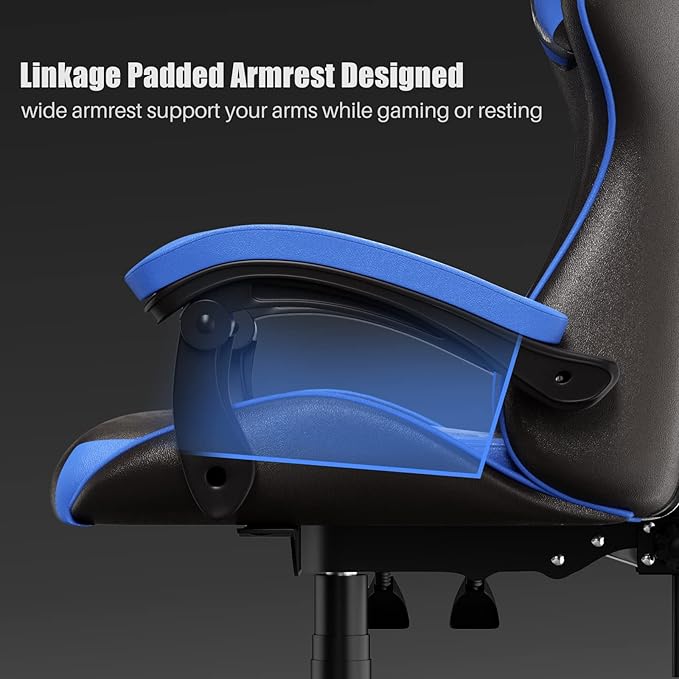 Gaming Chair High Back, Ergonomic Computer Gamer Chair with Headrest and Lumbar Support, Racing Style Reclining Game Chair for Adults, Kids (Blue-Black)