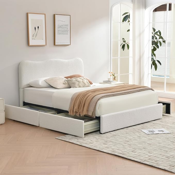 VELOCAVA Full Size Storage Bed with 4 Drawers, Modern Upholstered Bouclé Platform Frame with Curved Headboard, Rounded Corners, Wood Slats, No Box Spring Needed, Cream White