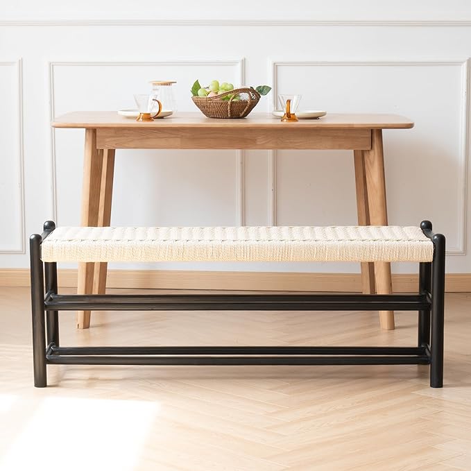 Solid Wood Entryway Bench with Shoe Storage, Rustic Oak Wood and Woven Design 45 Inch Long Seating for Living and Dining Rooms, 3-Tier Black