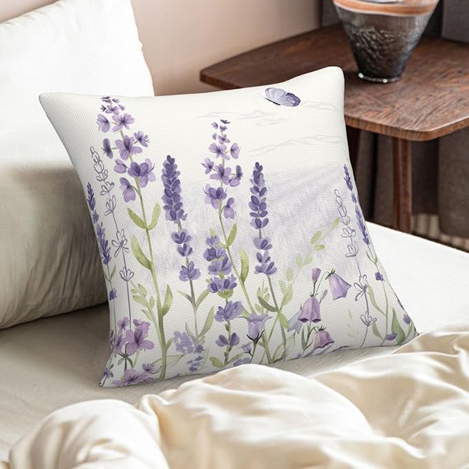 Spring Lavender Pillow Cover 20x20 Inch Set of 2, Purple Flowers Throw Pillow Covers Summer Watercolor Floral Decorations Linen Cushion Covers Farmhouse Home Decor for Sofa Couch Outdoor