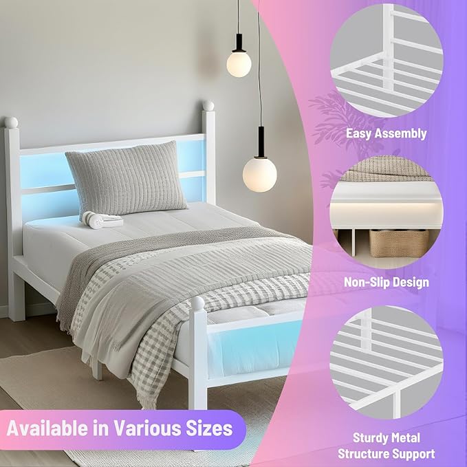Twin Bed Frame with Headboard and Footboard,Steel Slats Support-LED Bed Frame with USB Charging Station,Mattress Foundation-Under Bed Storage,No Box Spring Needed,Noise Free,White