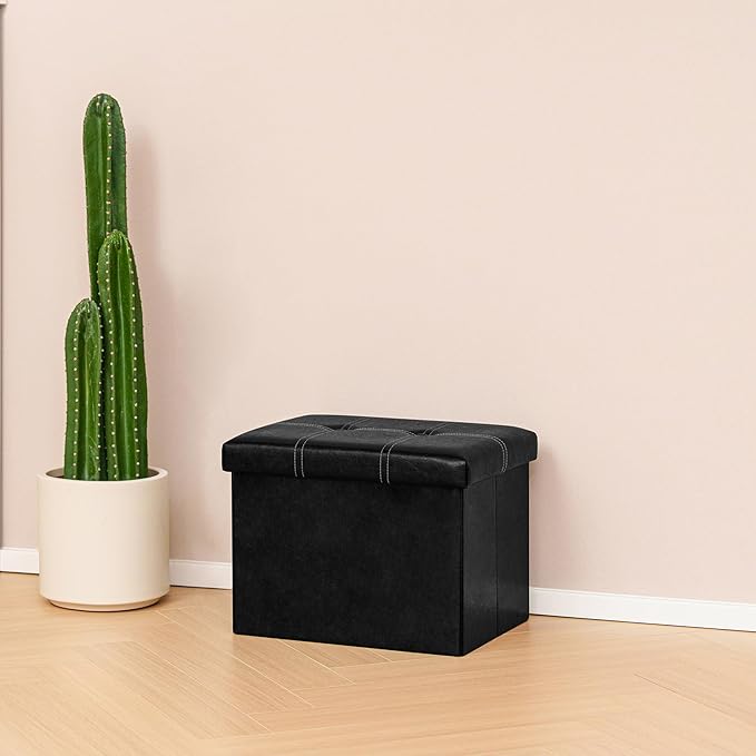 B FSOBEIIALEO Folding Storage Ottoman, Faux Leather Footrest Seat Coffee Table Toy Chest Kids, Black 16.5"x12.6"x12.6"