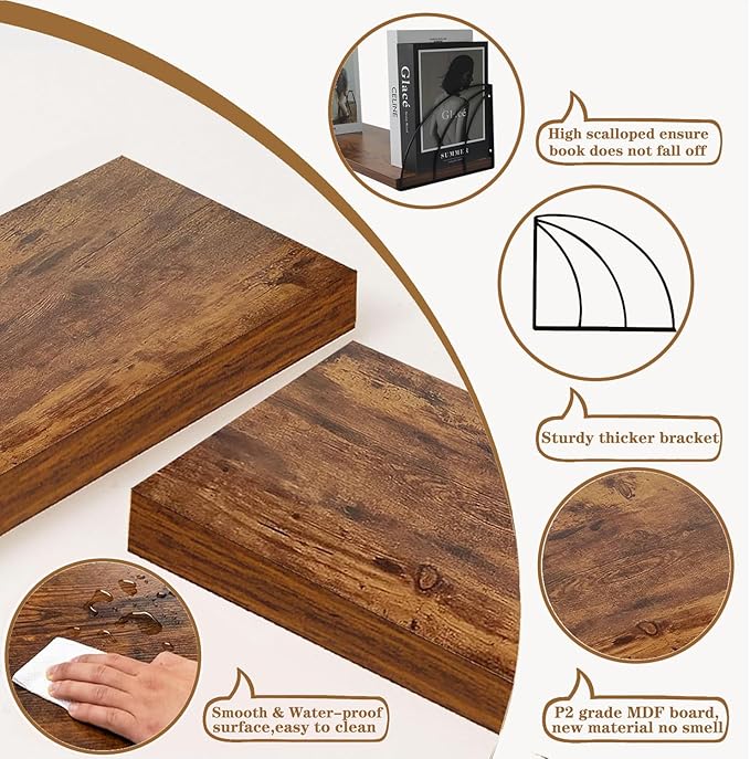 Thicked 0.71 IN Floating Book Shelves for Wall Set of 2,Large 31.5×7.9 IN Rustic Floating Shelves,Rustic Brown Floating Bookshelf,Hanging Bookshelves for Wall, Farmhouse,Laundry Room,Bedroom,Kitchen.