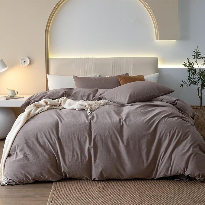 JIYUAN 100% Washed Cotton Duvet Cover Set 3 Pieces Oversized Queen, 1 Duvet Cover 98x98 Inches(Comforter Not Included) and 2 Pillowcases,Linen Like Comfy and Breathable, Heathered Mauve Brown