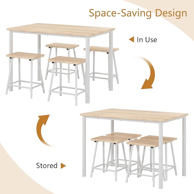 VECELO Kitchen Table and Chairs for 4, Dining Room Set with Chairs/Stools, Heavy-Duty Metal Frame with Wooden Tabletop for Small Spaces, Easy Assembly, Natural Oak