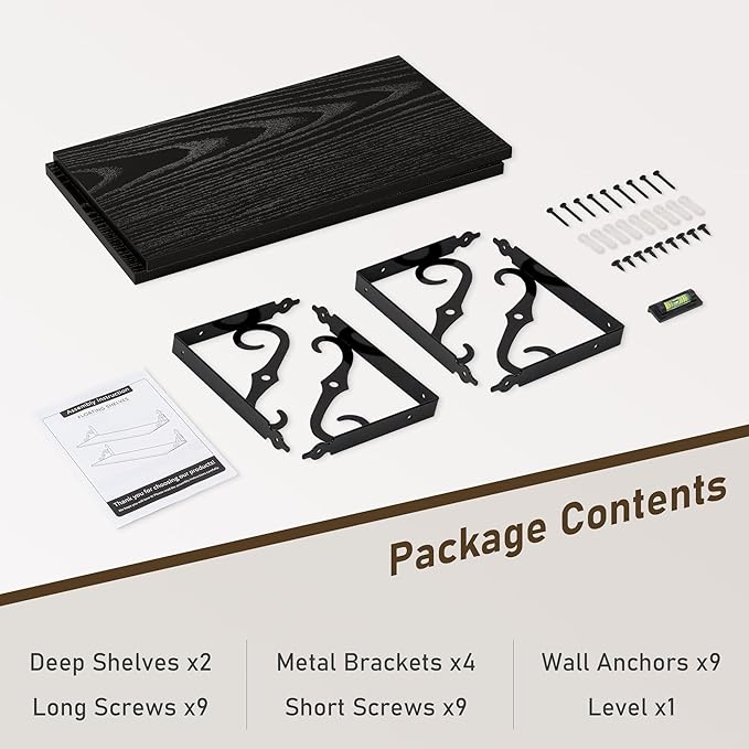 Deep Floating Shelves, 24" W x 12" D Wall Shelves Set of 2, Wide Display Shelf Wall Mounted with Brackets, Bookshelf for Living Room, Bathroom, Bedroom, Black