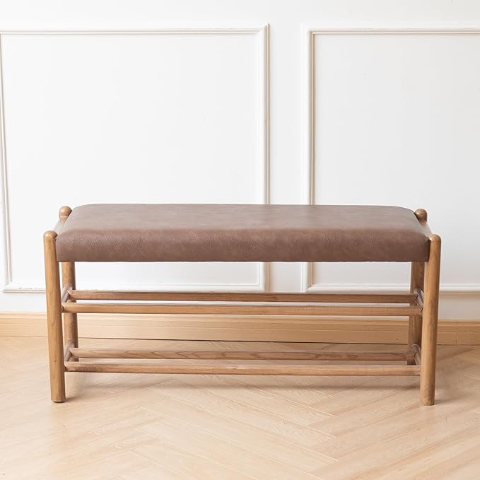 Solid Wood Entryway Bench with Shoe Storage, Rustic Oak Wood and PU Leather 39.4 Inch Long Seating for Living and Dining Rooms, 3-Tier Brown