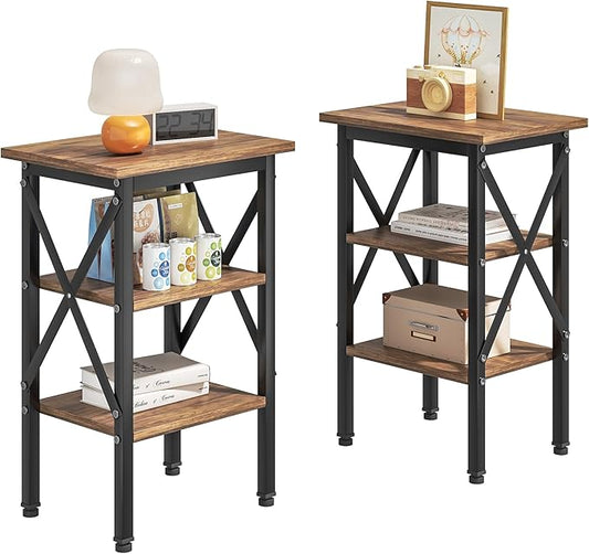 VECELO End Table Set of 2, Bedside Table, 24" Tall Living Room End Tables, X-Design Reinforced Nightstands, Side Table with 3-Tier Storage Shelves for Small Spaces, Office, Bedroom, Rustic Brown