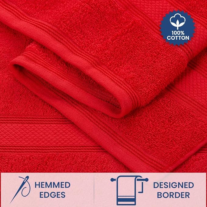 Casa Lino Bath Towel Set of 8 (2 Bath Towels, 4 Wash Cloths & 2 Hand Towels for Bathroom) - 100% Cotton - Highly Absorbent & Quick Dry - Guest Room Essentials for Bathroom Set - (Red)
