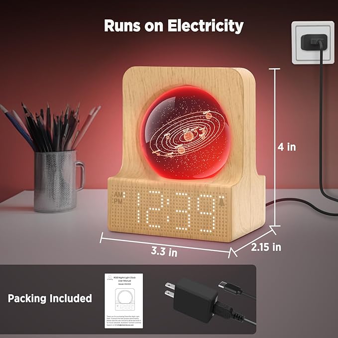 DreamSky Space Alarm Clock for Kids Teens, Small Digital Clock with RGB Night Light for Bedroom, Colorful Crystal Ball Decor for Living Room Office, Dimmer, Gifts for Boys Girls Women (Wood Grain)