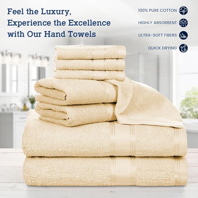 Casa Lino Bath Towel Set of 8 (2 Bath Towels, 4 Wash Cloths & 2 Hand Towels for Bathroom) - 100% Cotton - Highly Absorbent & Quick Dry - Guest Room Essentials for Bathroom Set - (Linen Brown)