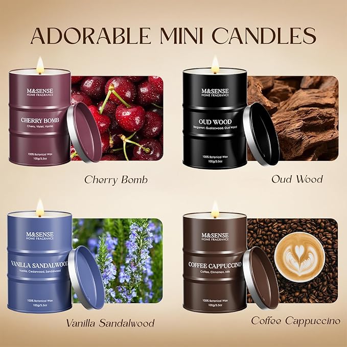 Mini Candle Set | Scented Candles Gift Set | 4 Pack Candles for Home Scented Candle,Cherry Vanilla Oud Sandalwood Coffee Candle,Gift Set for Women and Men,Soy Wax 14 oz 86 Hour