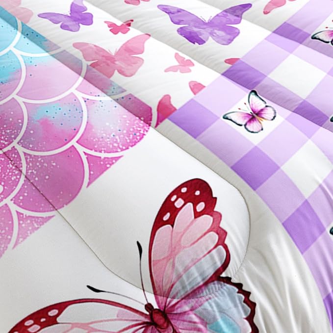 Kids Comforter Set Mermaid Scale Butterfly Printed Pattern Bedding Set with 1 Comforter and 2 Pillowcases for Girls Boys Bedroom All Season(Mermaid1 Queen)