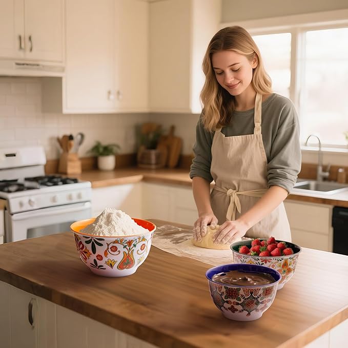 TP Large Mixing Bowl Set with Lids, Melamine Nesting Bowls Set for Pasta Baking Salad Mixing, Set of 3, Aztec Bloom