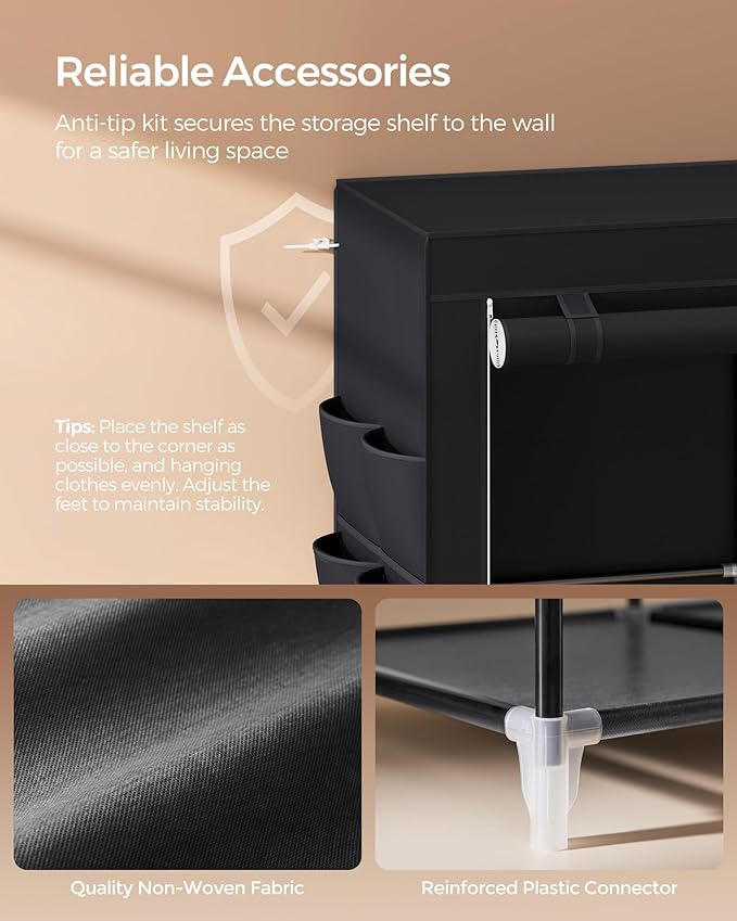 SONGMICS Portable Closet Wardrobe with Shoe Rack and Cover, Closet Storage Organizer, 2 Hanging Rods, Shelves, and 4 Side Pockets, 50 x 17.7 x 69.3 Inches, Spacious for Bedroom, Black URYG008B02