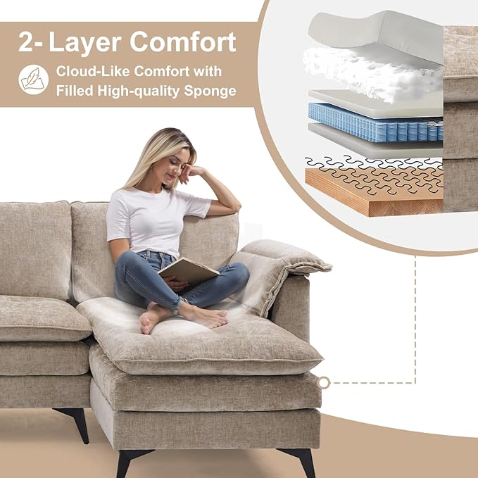 VINGLI 129” Oversized L-Shaped Cloud Sectional Sofa, Memory Foam Couch with Reversible Chaise Lounge, Comfy Couch with Double-Layer Deep Seat Cushions, Modern Sofa for Living Room, Chenille, Khaki