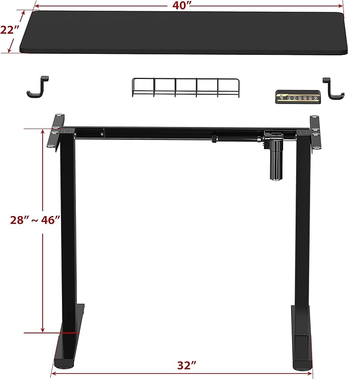 SHW 40 x 22 Inches Electric Height Adjustable Sit to Stand Desk with Hanging Hooks and Cable Management, Black Frame and Black Top