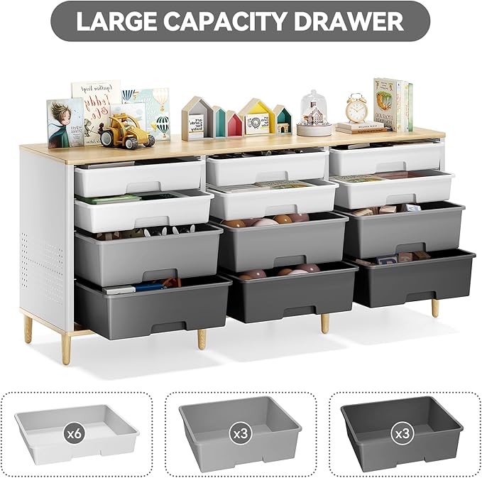 Storage Cabinet with 12 Drawers, Home Storage With Wooden Tabletop, Cube Storage Organizer for Living Room, Bedroom, Classroom, Office, Playroom, Craft Room, (Grey)