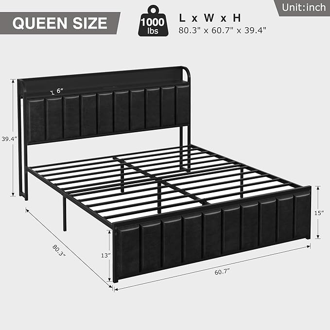 VECELO Queen Size Bed Frame with Headboard, Upholstered Platform Bedframe, Heavy Duty Metal Slats, No Box Spring Needed, Easy Assembly, Classic Black