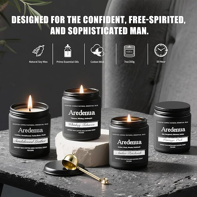 Mens Candle Set β Manly Candles for Men, 4 Pack Soy Candles for Home Scented, Masculine Candle Gift Set - Includes Sandalwood Leather, Whiskey Tobacco, Amber Patchouli & Vintage Oak