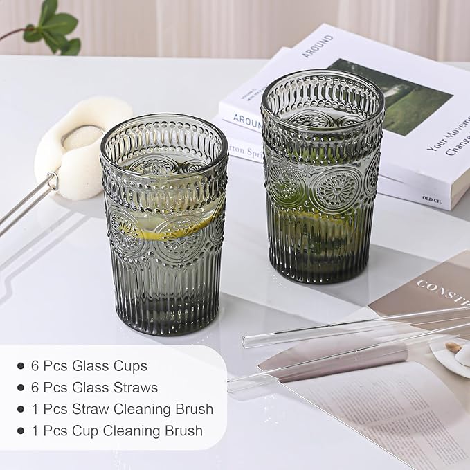 Vintage Glassware Drinking Glasses Set of 6,13 oz Grey Textured Flower Design Glass Water Tumblers,Embossed Striped Drinkware for Water,Cocktails,Juice,Iced Coffee