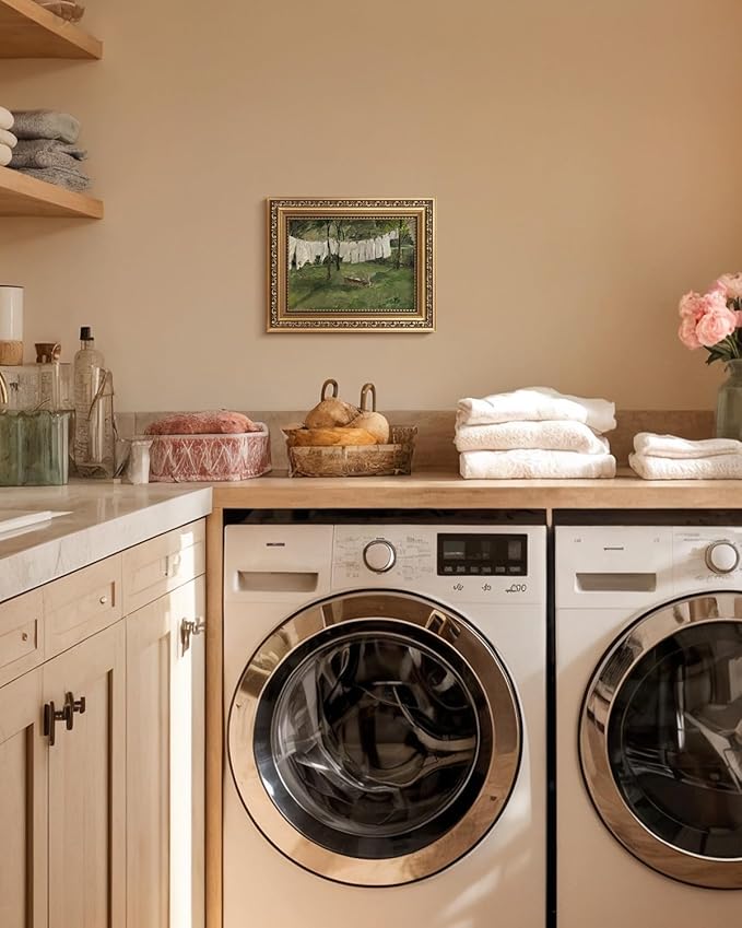 VIYYIEA Gold Framed Wall Art, Drying White Clothes Canvas Print Home Decor Vintage Art Painting Picture Bathroom Wall Decor, Oil Artwork for Living Room Bedroom Kitchen Office - 10L x 8W