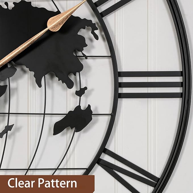 36 Inch Extra Large World Map Wall Clock,Metal Minimalist Modern Silent Non-Ticking Battery Operated Round Clock for Living Room, Bedroom, Office, Kitchen, Black Roman Numerals
