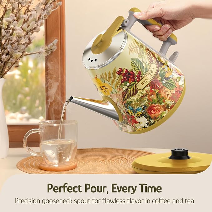 Hazel Quinn Retro X Eduardo Recife Collaboration Electric Kettle- 1 Litres / 34 Ounces Retro Small Tea Kettle, Double Wall, 304 Stainless Steel, 800W Fast Boiling, Cordless, BPA-Free, Auto Shut-Off