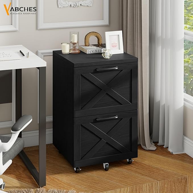 Farmhouse File Cabinet with 2 Drawers, Vertical Filing Cabinet on Wheels for Letter/A4 Size Hanging Files, Mobile File Cabinets Printer Stand for Home Office, Black