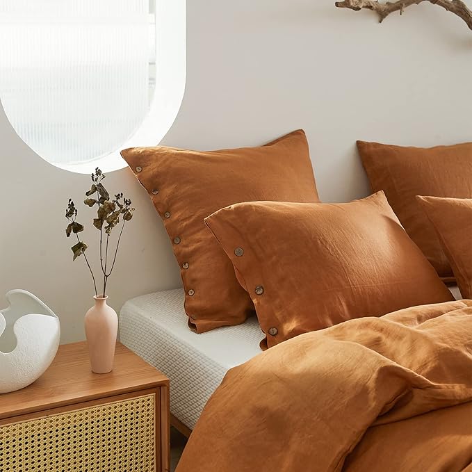 Simple&Opulence 100% Washed Linen Euro Sham Cover, 26 x 26 Inch, Decorative Bed Fall Pillow Cover with Coconut Button, Solid Color Pillow Shams Set of 2 (Rust)