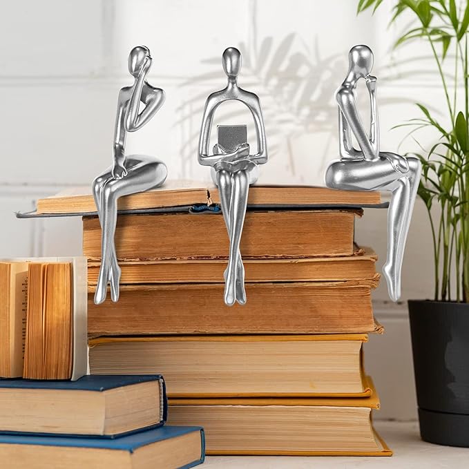 Thinker Statue Gold Decor Abstract Art Sculpture, Golden Resin Collectible Figurines for Home Living Room Office Shelf Decoration,Great Gifts Ideas (Sitting Posture-Silvery)