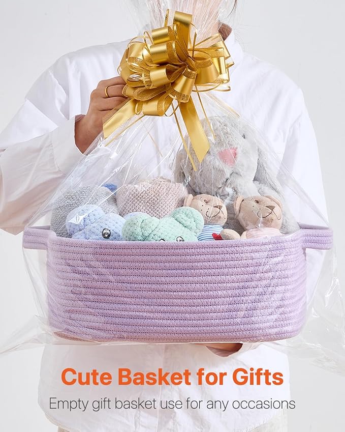 KALLAX Small Woven Basket, 14 x 10 x 5.6 Inches, Small Storage Baskets for Organizing, Gift Baskets Empty, Cute Rope Shelf Closet Storage Bins for Shelves, Dog Toy Basket, Purple