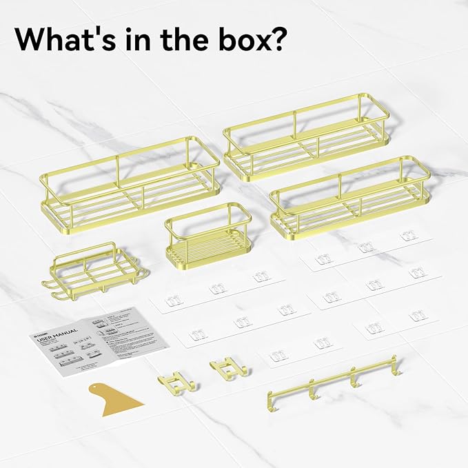YASONIC Shower Caddy, 6 Pack Large Capacity Bath Organizer with Soap Holder and 12 Hooks, Rustproof Shower Shelves for Inside Shower, No Drilling&Sleek Bathroom Organizers and Storage Gold