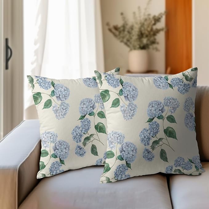 Kawani Blue Hydrangea Pillow Covers 22x22 Inch Set of 2 Blue Floral Outdoor Decorative Throw Pillow Covers Rustic Flower Pillowcases Spring Summer Cushion Covers for Home Couch Decor