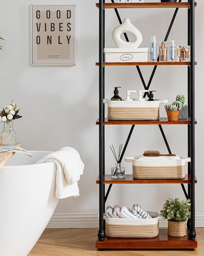 KALLAX Small Woven Basket, 12 x 8 x 4.5 Inches, Small Storage Baskets for Organizing, Gift Baskets Empty, Cute Rope Shelf Closet Storage Bins for Shelves, Dog Toy Basket, White & Brown