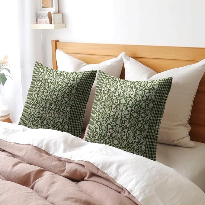 Kawani Green Antique Pillow Covers 16x16 Inch Vintage Floral Block Print Decorative Throw Pillows Set of 2 Retro Turkish Pillowcases for Couch Indoor Outdoor Home Decor