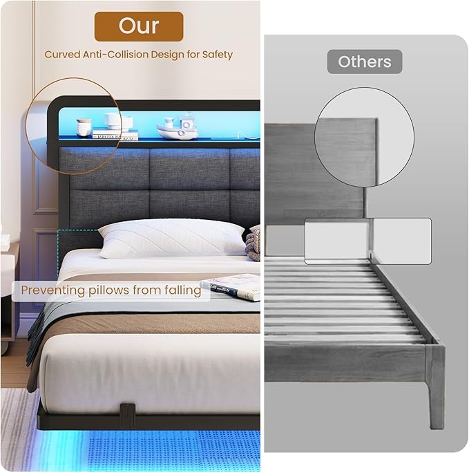 Hasuit Full Floating Bed Frame with Charging Station and LED Lights, Full Size Bed Frame with Wood Storage Headboard, Grey Upholstered Platform Bed, No Box Spring Needed, Noise Free, Easy Assembly