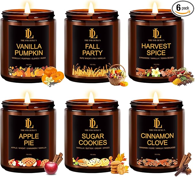 Fall Candle Set, Fall Scented Candles for Home, 6 Pack Soy Candle Set, Autumn Gifts for Women Men, Autumn Scents of Vanilla Pumpkin/Cinnamon Clove/Apple Pie/Harvest Spice/Sugar Cookies/Fall Party