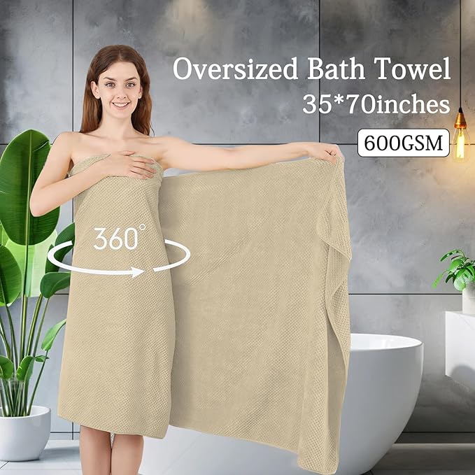8-Piece Beige Bath Towels Set,2 Oversized Large Bath Towels Sheet,2 Hand Towels and 4 Washcloths - 600 GSM Soft Luxury Towel Set,Highly Absorbent Quick Dry Towel Collection for Bathroom,Hotel and Spa