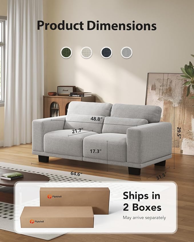 Pipishell Loveseat Couches for Living Room, 65" Modern Couch with Deep Seats and Wide Armrests, Comfortable Love Seat Sofa with Sturdy Frame, Easy to Clean with Removable Covers,Grey