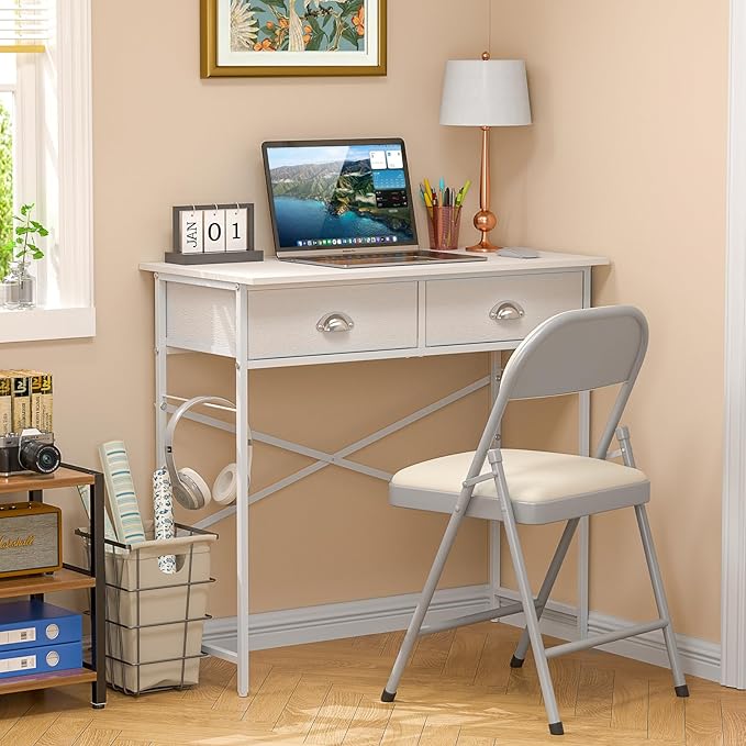 Small Writing Desk for Kids Bedroom, 31.5 Inch White Computer Desk for Small Spaces, Simple Desk with 2 Fabric Drawers for Home Office, Dorm, Living Room, Home Study Table, White