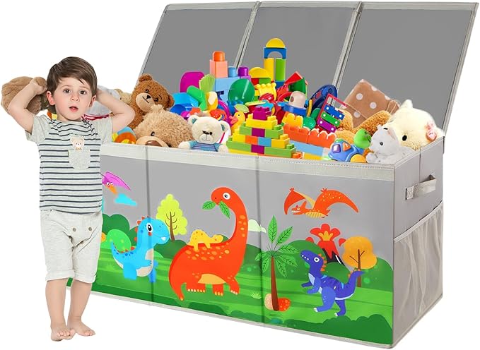 Extra Large Toy Box Chest with Lids, Collapsible Toy Storage Organizer for Kids, Dinosaur Toy Bin Box for Toddlers Boys Girls, Toy Organizer for Living Room Nursery Playroom Bedroom Home Grey