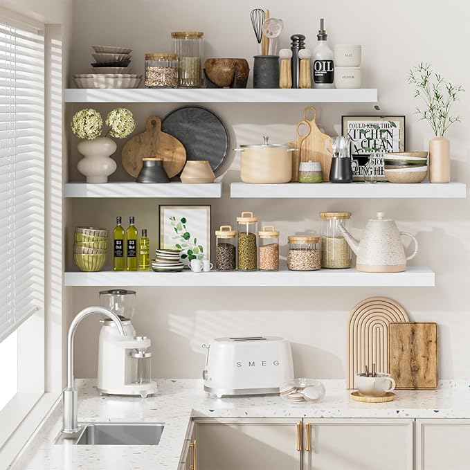 Heimlove 55 x 12 inch Extra Long Floating Shelves for Wall, 12 Inch Deep Floating Shelves, Large Display Shelf & Storage Shelf for Living Room Bedroom Kitchen Home Office, Set of 2, White