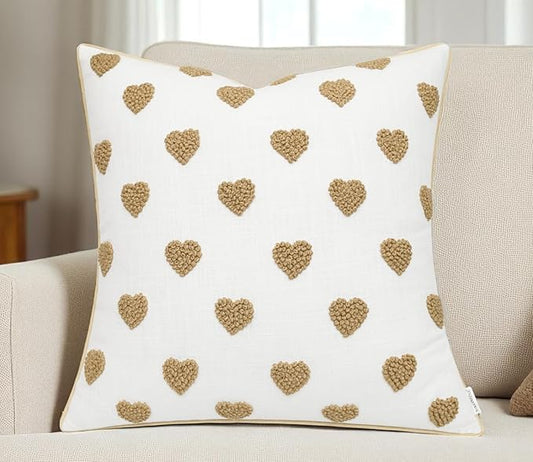 VAGMINE Hand Embroidered French Knotted Hearts Pillow Cover - 18x18 Inches Square - 100% Cotton Off-White Decorative Cushion Cover - Romantic Gift for Couples - Valentine’s Bedroom Décor
