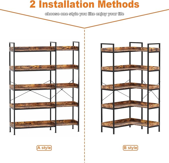 KOUSEI 5-Tier L-Shaped Reversible Corner Bookshelf, 65" Rustic Brown Industrial Wood & Metal Bookcase, Wide Open Shelves + 4 Hooks for Living Room/Bedroom/Home Office