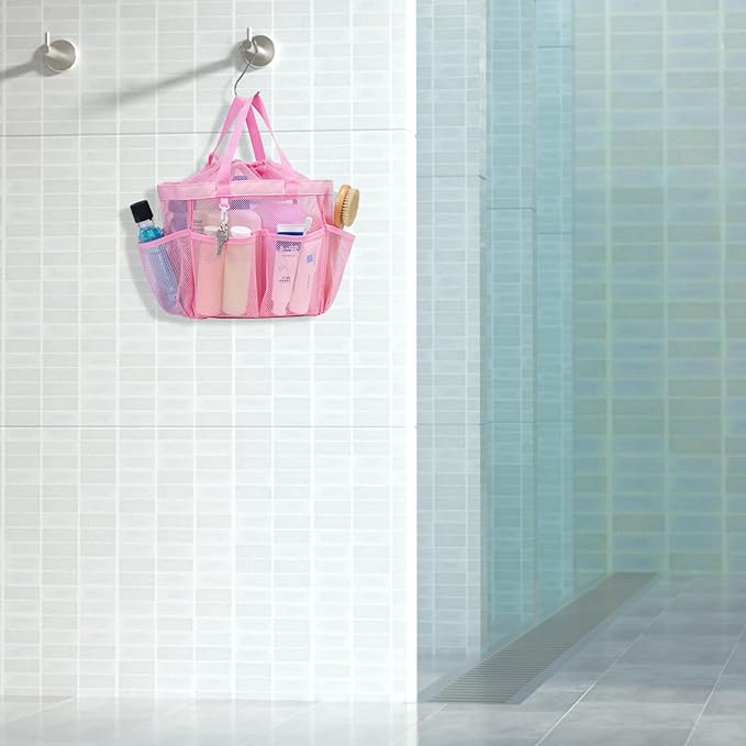 F-color Mesh Shower Caddy Portable with Drawstring - Upgrade Deeper 7 Pockets Dorm Room Essentials for Guys Girls with S Hook, Shower Bag Basket Tote for College Camping Toiletry Bathroom, Pink
