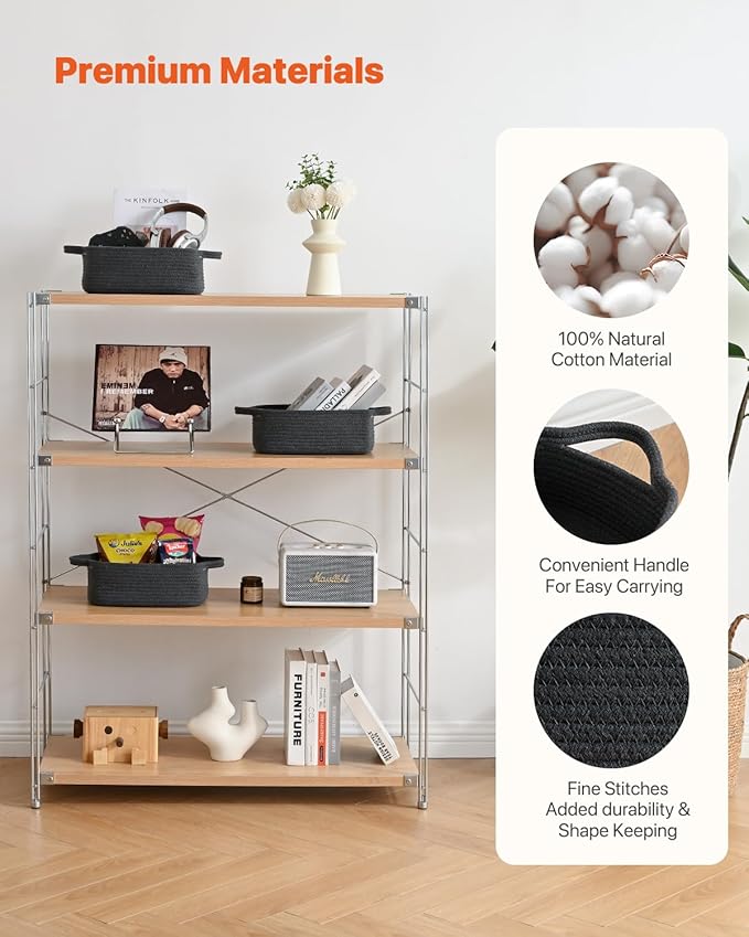 KALLAX Small Woven Basket, 12 x 8 x 4.5 Inches, Small Storage Baskets for Organizing, Gift Baskets Empty, Cute Rope Shelf Closet Storage Bins for Shelves, Dog Toy Basket, 3 Packs, Dark Grey