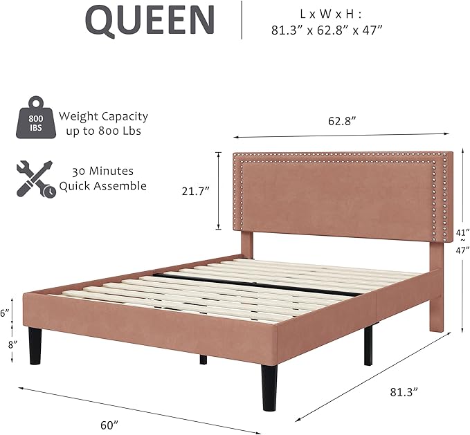 VECELO Bed Frame Queen Size with Adjustable Upholstered Headboard, Wooden Slats Platform, Noise-Free Design, Easy Assembly