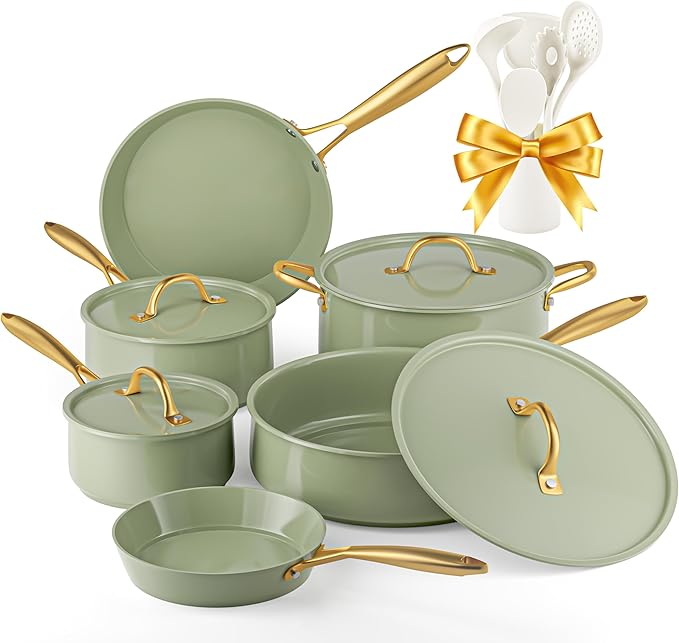 VONIKI Ceramic Cookware Set - Nonstick Pots and Pans With Kitchen Utensils, Non-Toxic, Induction Compatible, Dishwasher and Oven Safe